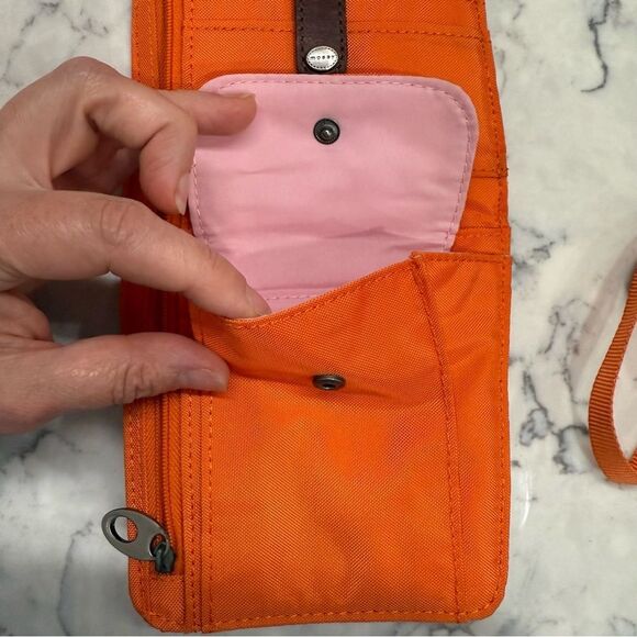 Mosey life Burnt Orange Red Crossbody wrist wallet Bag Small Brown Leather Trim - Picture 7 of 12